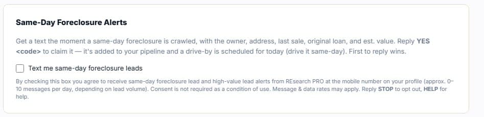 REsearch PRO SMS opt-in screen showing the consent checkbox and verbatim consent language